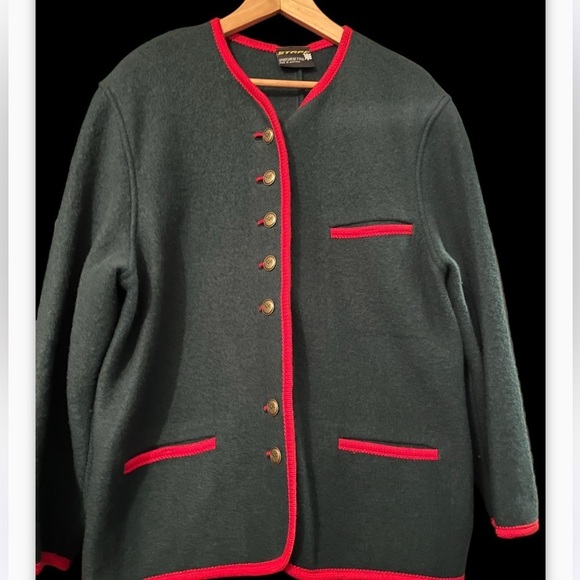 VINTAGE STAPF Sweater Boiled Wool XL Green Metal Button Apres Ski Lodge Austria - Picture 3 of 10